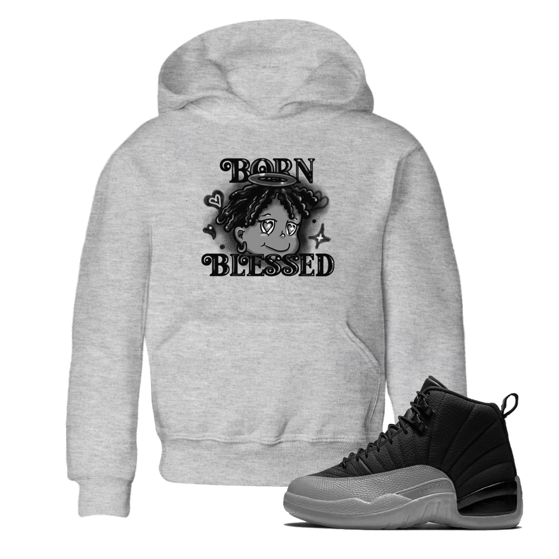 12s Black Wolf Grey shirts to match jordans Born Blessed sneaker match tees Air Jordan 12 Black Wolf Grey match shoes to clothes SNRT Sneaker Tees Youth Baby Heather Grey 1 tee