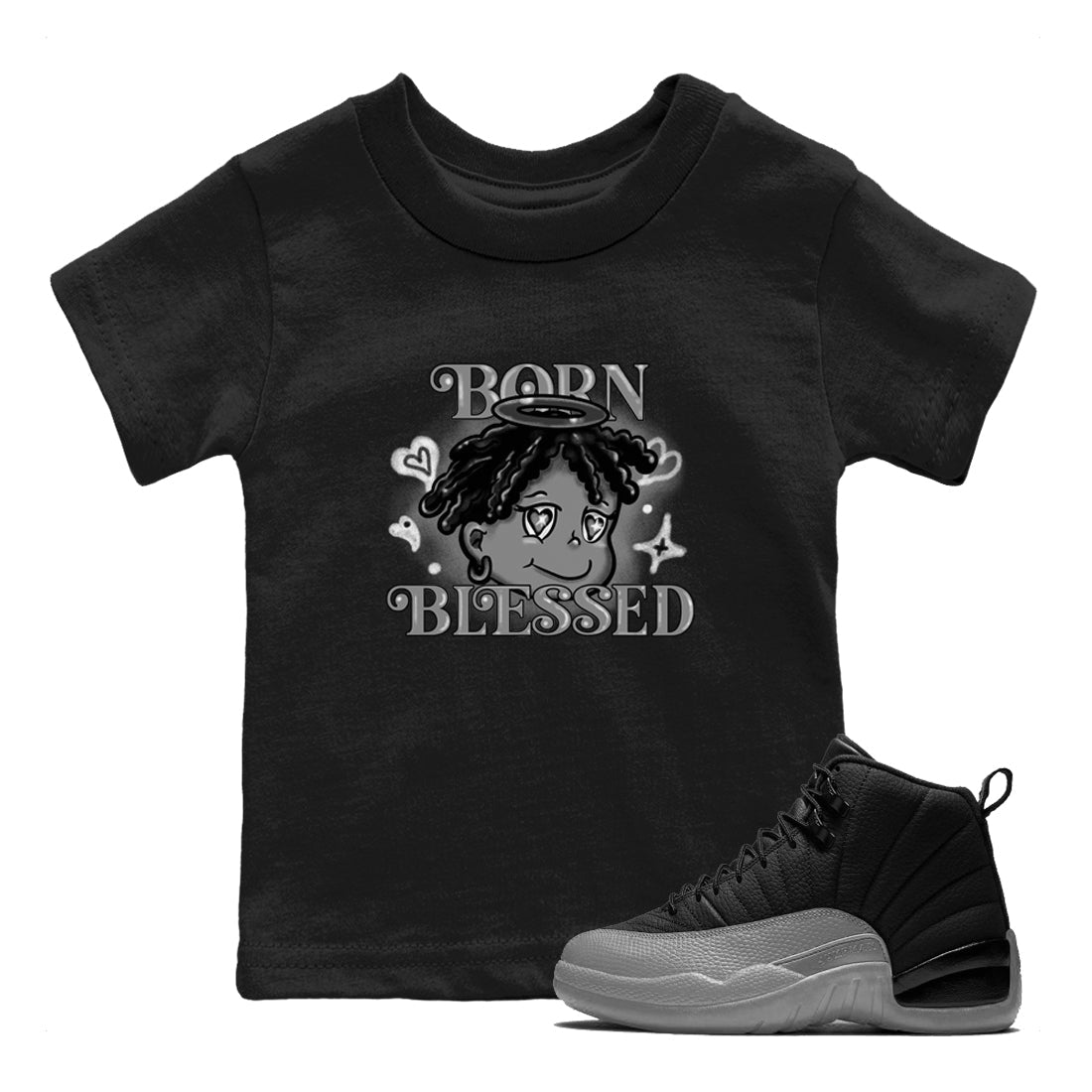 12s Black Wolf Grey shirts to match jordans Born Blessed sneaker match tees Air Jordan 12 Black Wolf Grey match shoes to clothes SNRT Sneaker Tees Youth Baby Black 1 tee