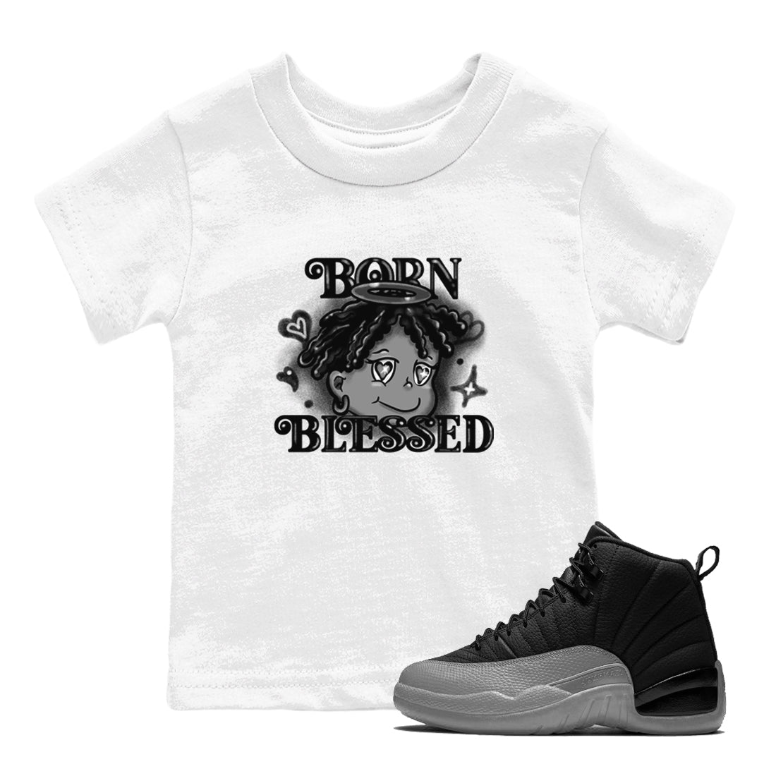 12s Black Wolf Grey shirts to match jordans Born Blessed sneaker match tees Air Jordan 12 Black Wolf Grey match shoes to clothes SNRT Sneaker Tees Youth Baby White 1 tee