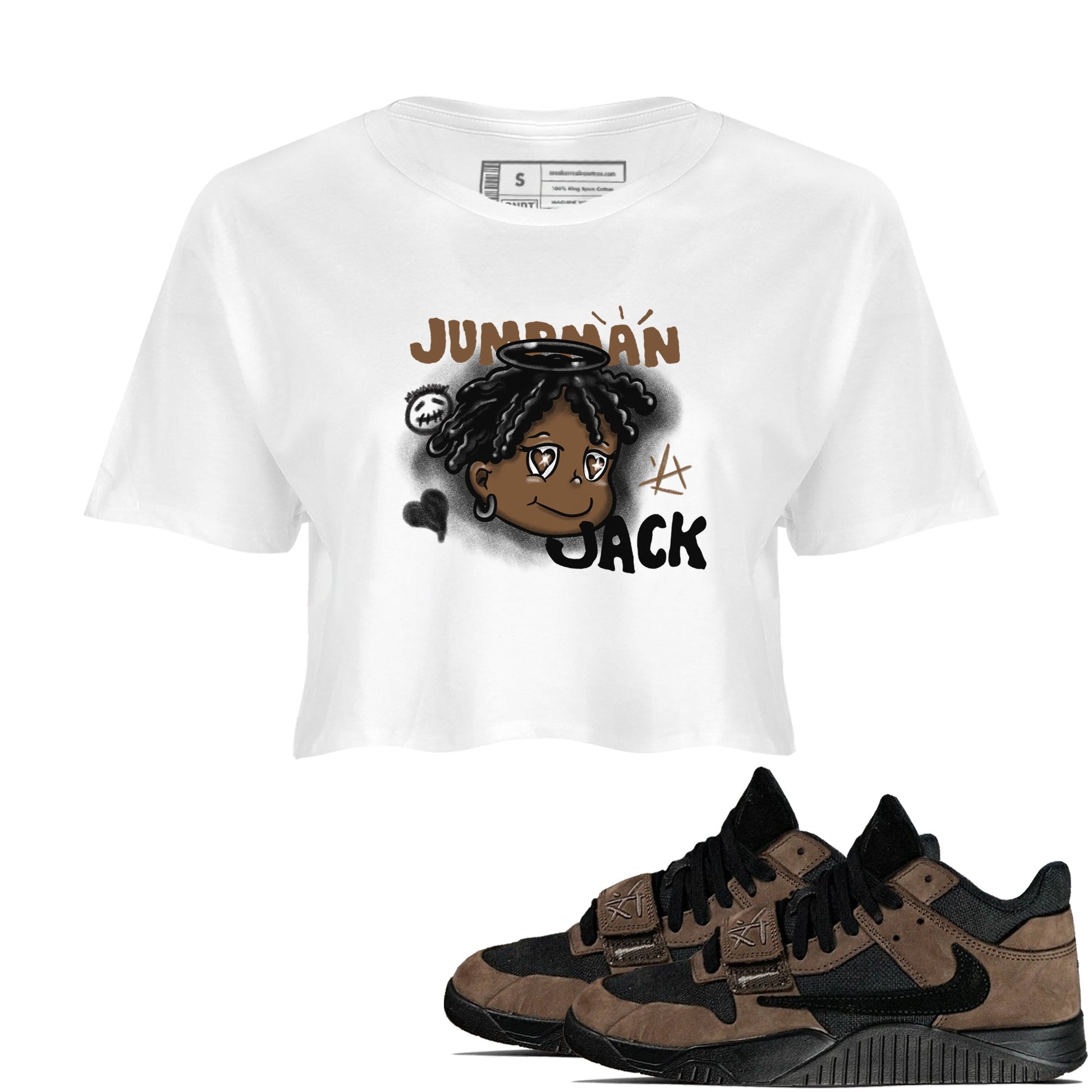 Jordan Jumpman Jack Travis Scott Dark Mocha shirts to match jordans Born Blessed sneaker match tees Jordan Jumpman Jack Travis Scott Dark Mocha match shoes to clothes SNRT Sneaker Tees unisex cotton White 1 crop tee