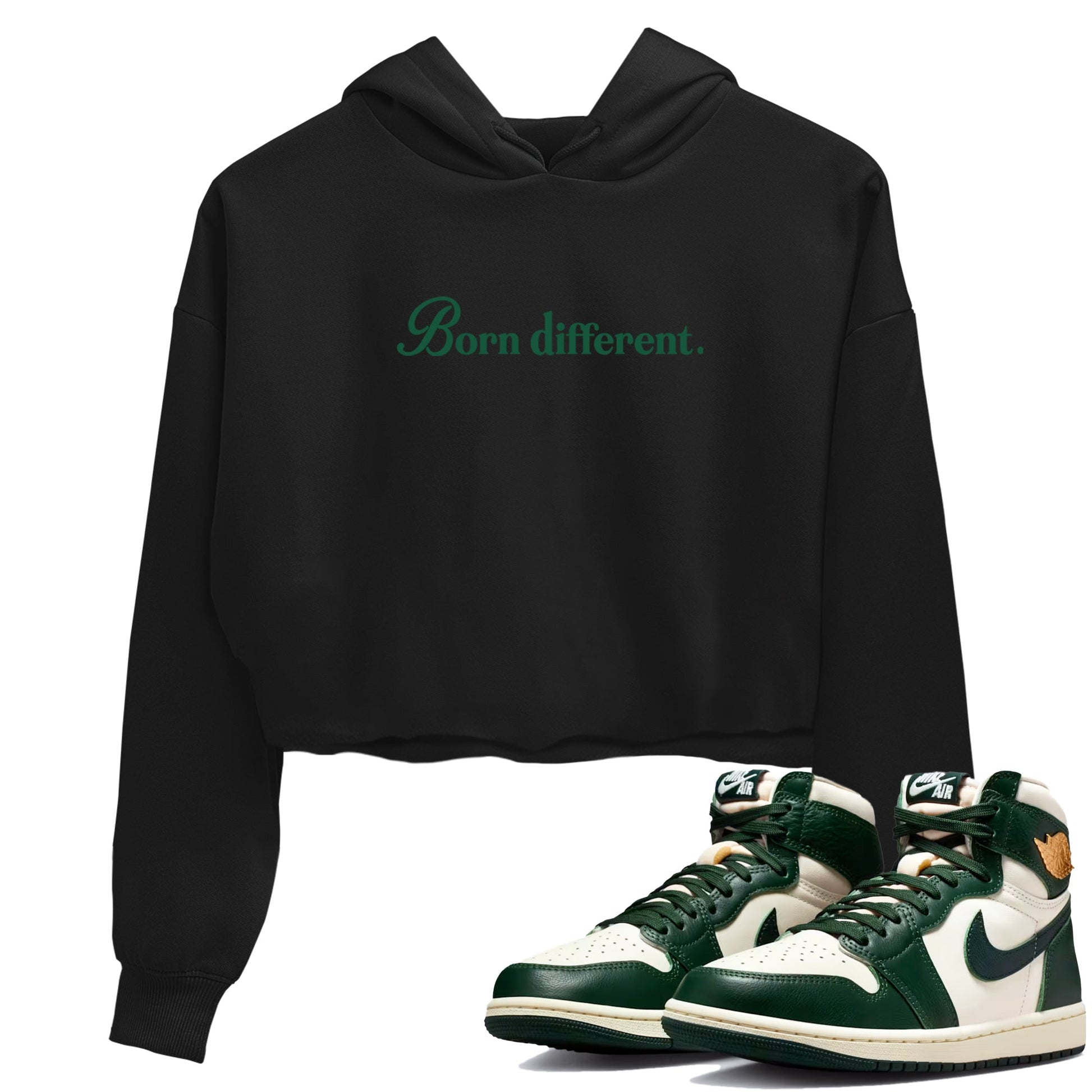 Sneaker Threads – Sneaker Tees To Match Air Jordan 1 Pro Green – Born Different Crop Tee Black 1. Perfect for Jordan releases 2025 colorways.