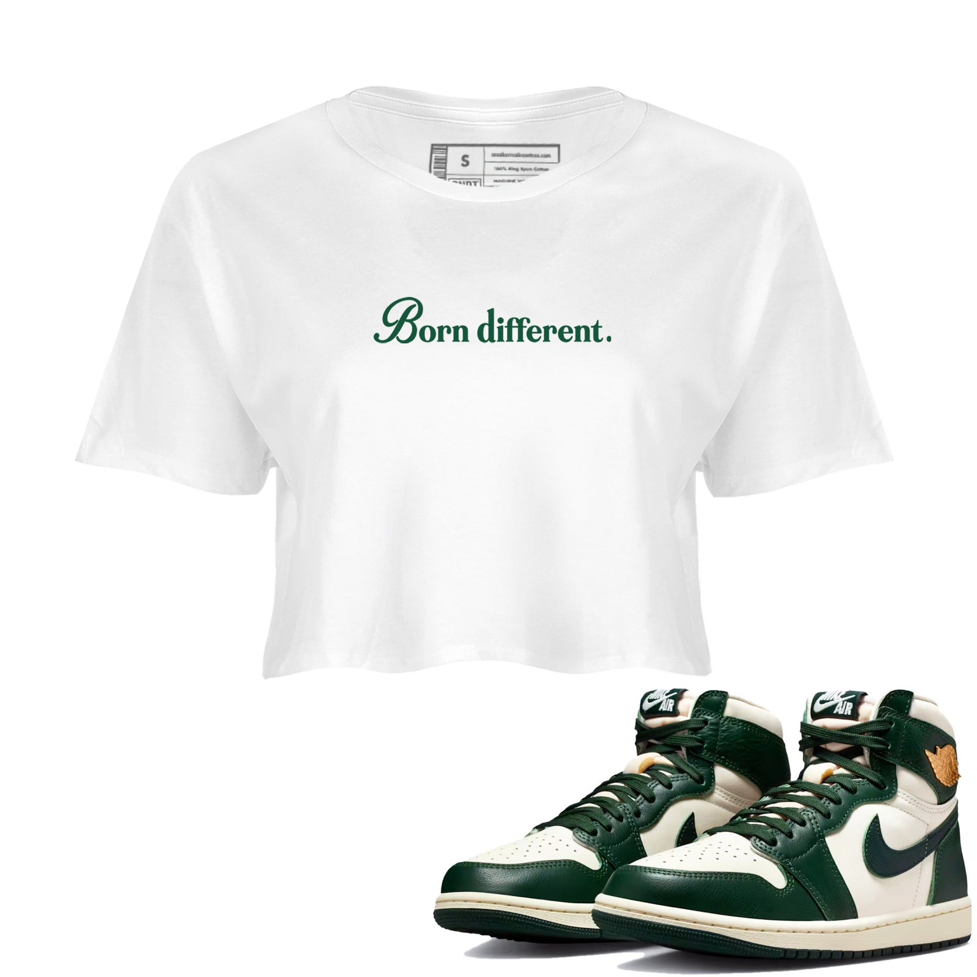 Sneaker Threads – Sneaker Tees To Match Air Jordan 1 Pro Green – Born Different Crop Tee White 1. Perfect for Jordan releases 2025 colorways.