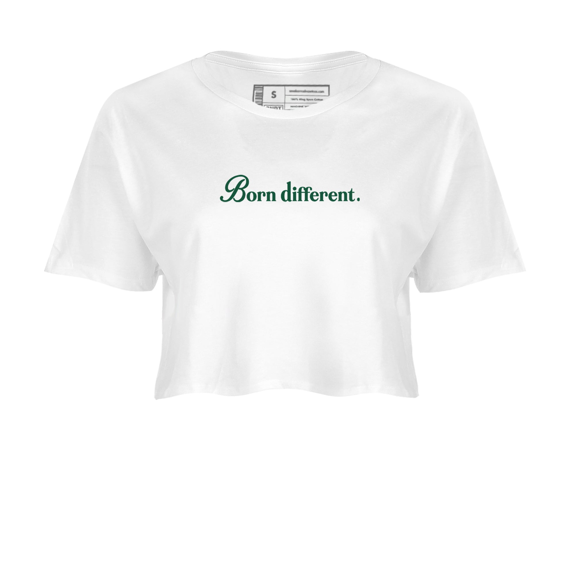 Sneaker Threads – Sneaker Tees To Match Air Jordan 1 Pro Green – Born Different Crop Tee White 2. Perfect for Jordan releases 2025 colorways.