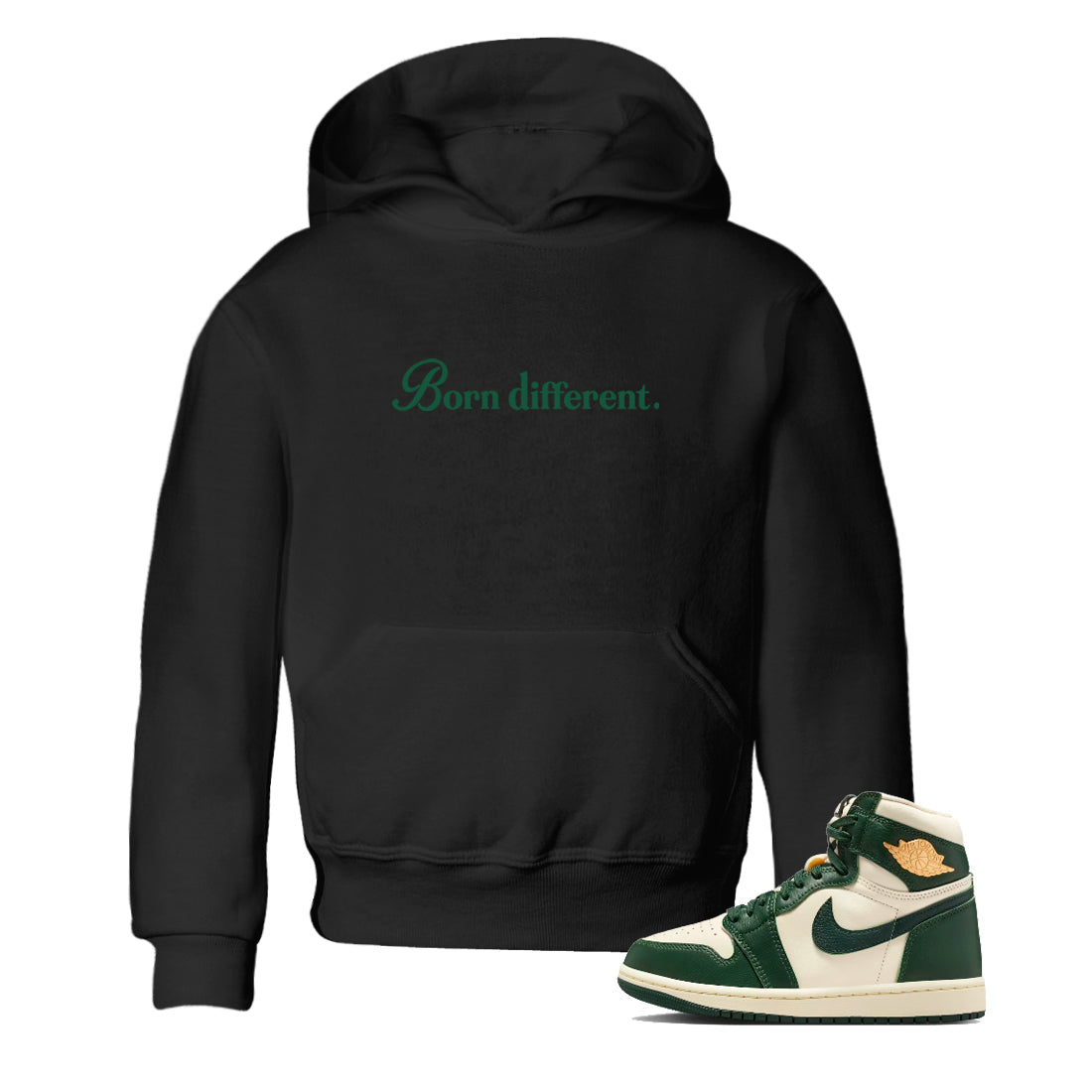 Sneaker Threads – Sneaker Tees To Match Air Jordan 1 Pro Green – Born Different Youth Graphic Tee Black 1. Perfect for Jordan releases 2025 colorways.