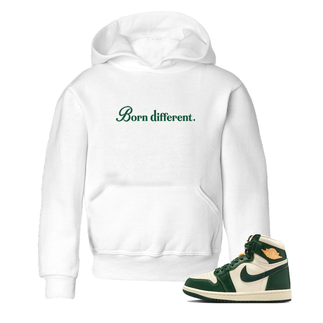 Sneaker Threads – Sneaker Tees To Match Air Jordan 1 Pro Green – Born Different Youth Graphic Tee White 1. Perfect for Jordan releases 2025 colorways.