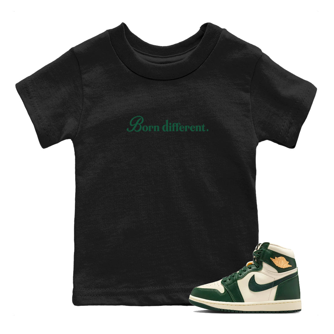 Sneaker Threads – Sneaker Tees To Match Air Jordan 1 Pro Green – Born Different Youth Graphic Tee Black 1. Perfect for Jordan releases 2025 colorways.