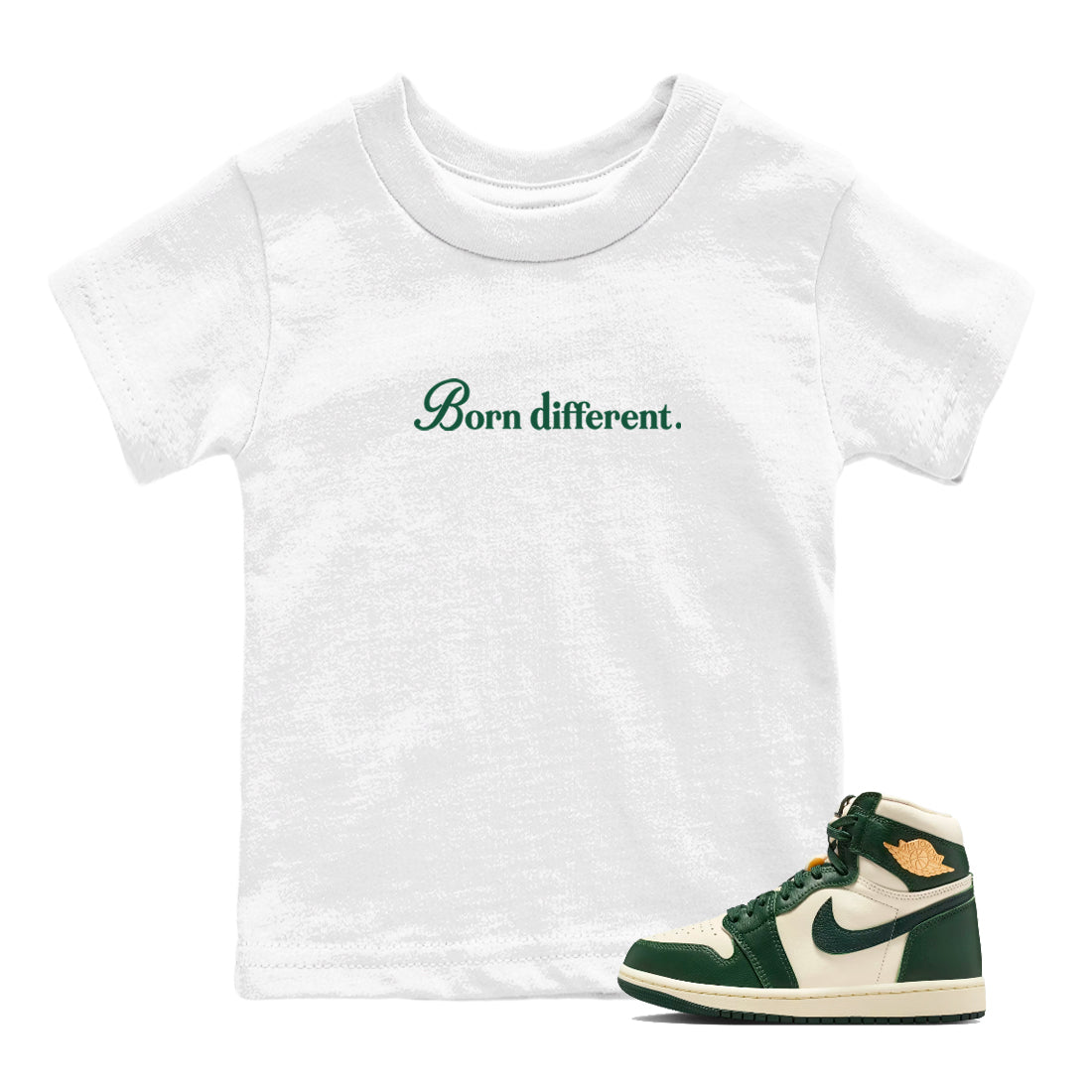Sneaker Threads – Sneaker Tees To Match Air Jordan 1 Pro Green – Born Different Youth Graphic Tee White 1. Perfect for Jordan releases 2025 colorways.