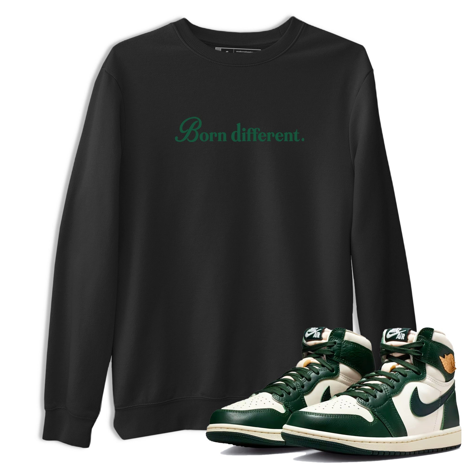 Sneaker Threads – Sneaker Tees To Match Air Jordan 1 Pro Green – Born Different Graphic Tee Black 1. Perfect for Jordan releases 2025 colorways.