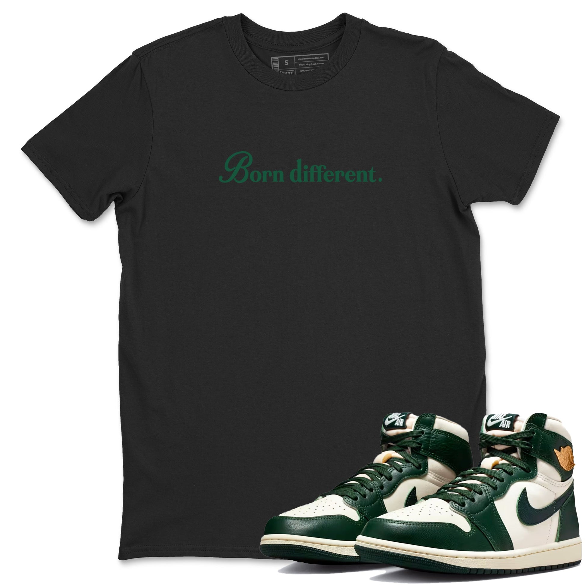 Sneaker Threads – Sneaker Tees To Match Air Jordan 1 Pro Green – Born Different Graphic Tee Black 1. Perfect for Jordan releases 2025 colorways.