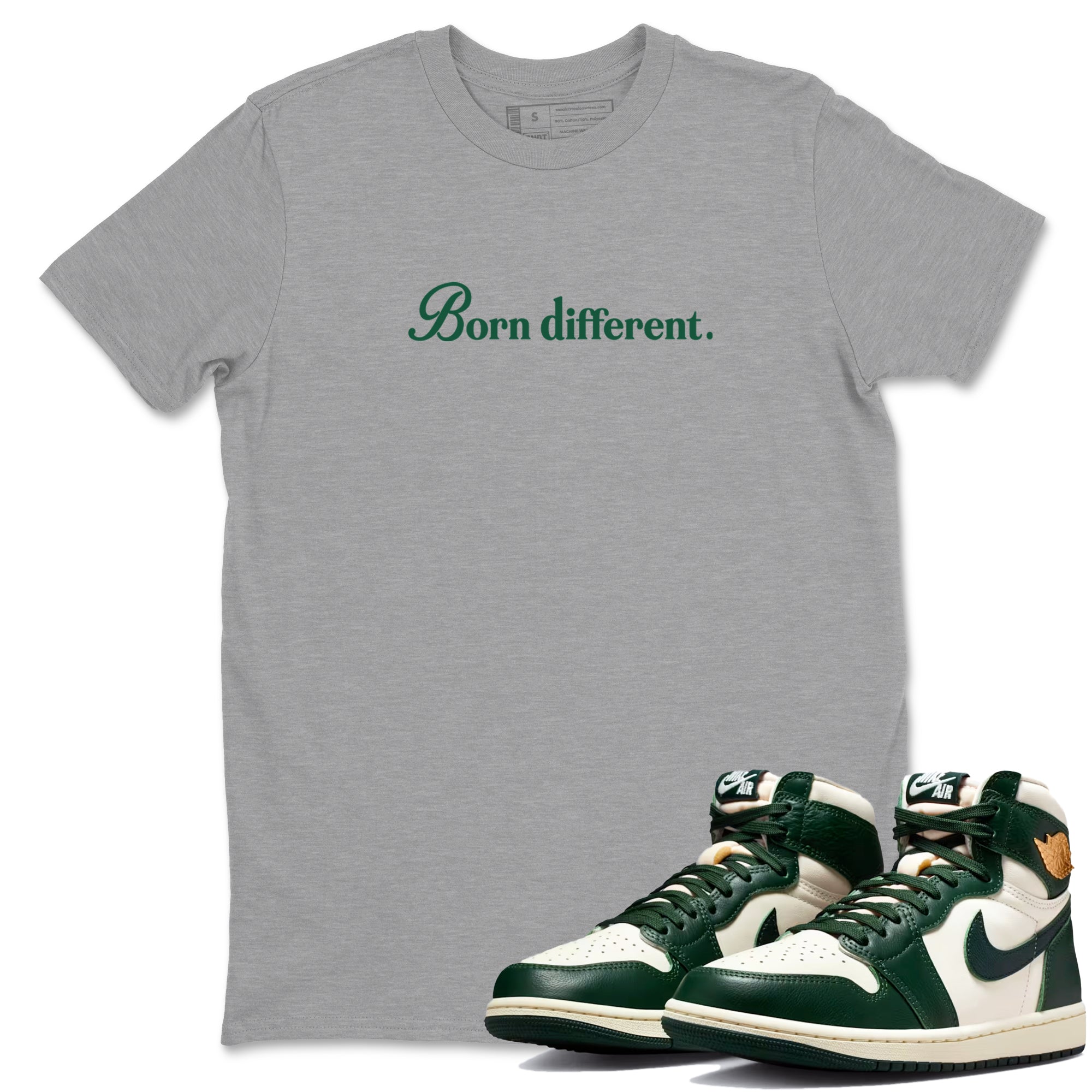 Sneaker Threads – Sneaker Tees To Match Air Jordan 1 Pro Green – Born Different Graphic Tee Heather Grey 1. Perfect for Jordan releases 2025 colorways.