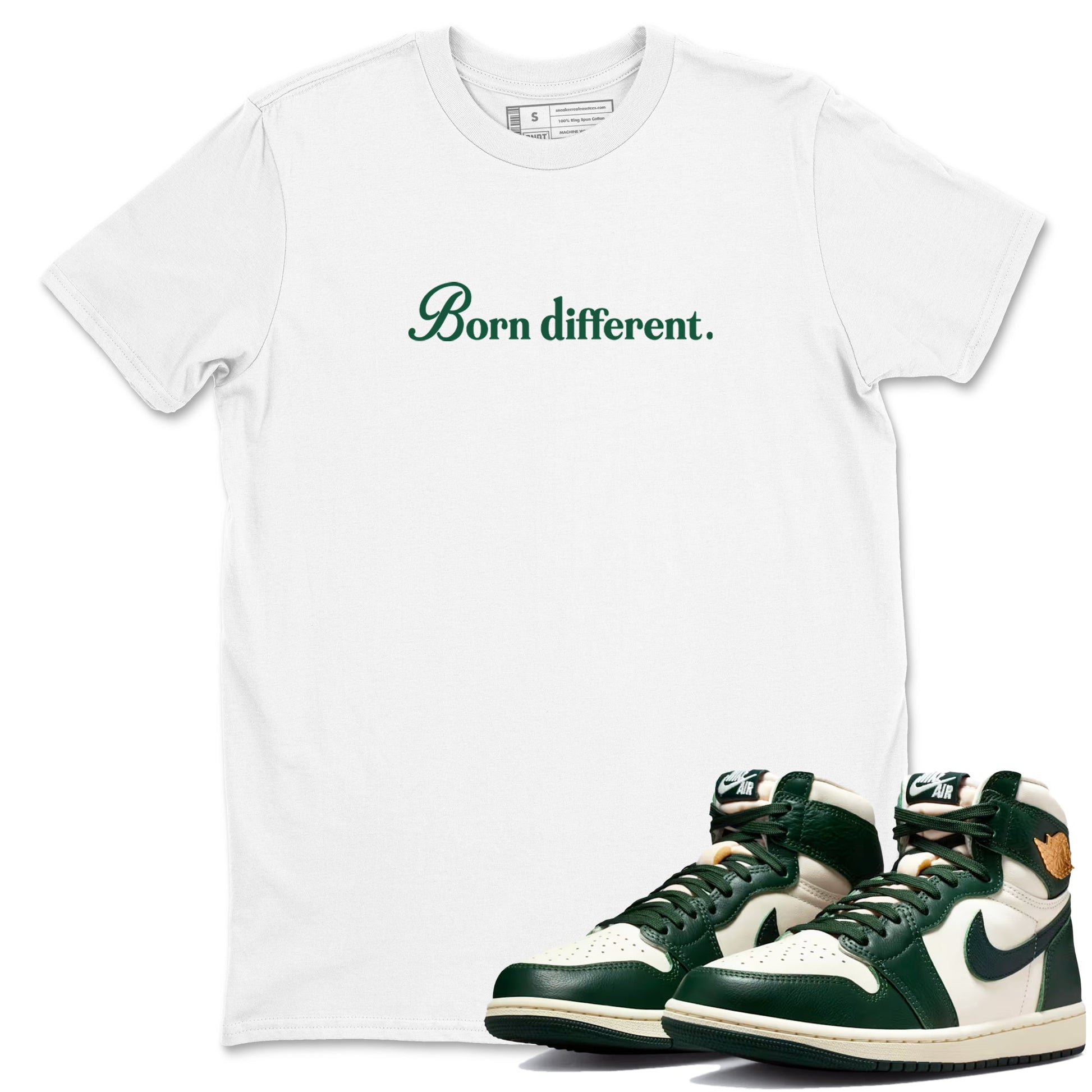Sneaker Threads – Sneaker Tees To Match Air Jordan 1 Pro Green – Born Different Graphic Tee White 1. Perfect for Jordan releases 2025 colorways.