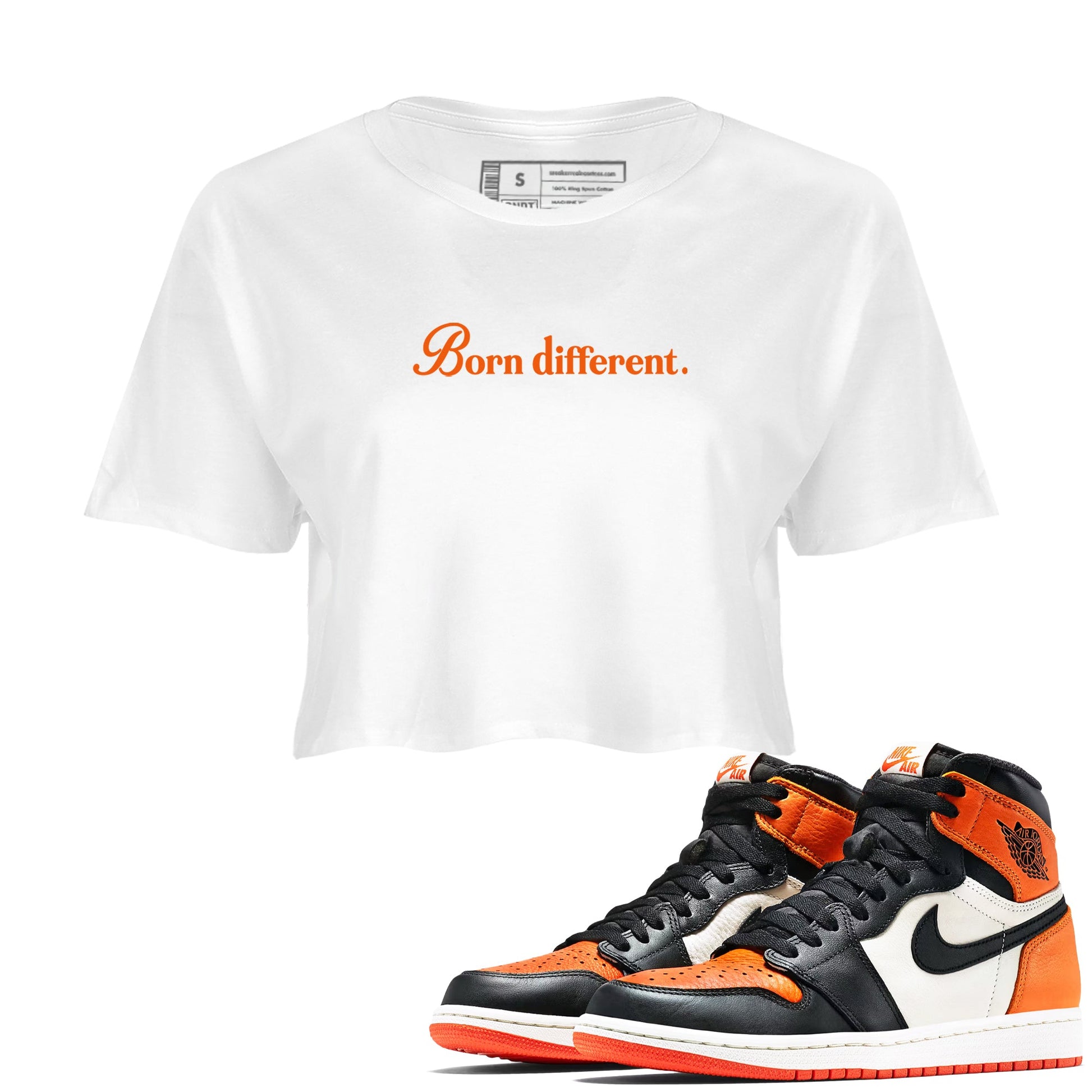 Sneaker match tees – Sneaker Tees To Match Jordan 1 Retro Shattered Backboard Shoes – Born Different Crop T-Shirt White 1