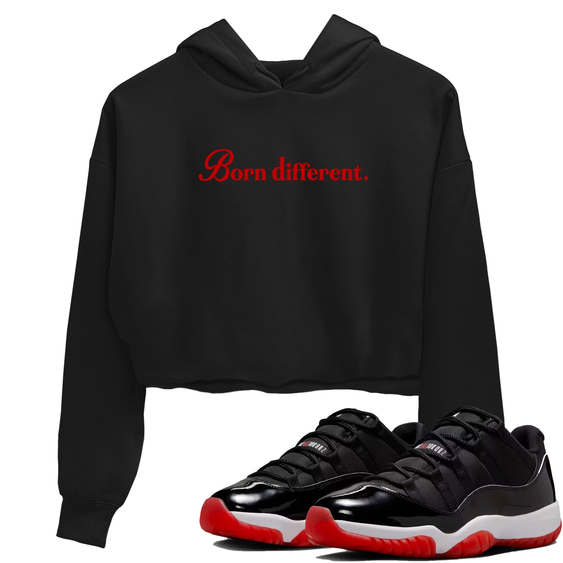 Jordan 11 Low Bred t-shirts to match jordans Born Different sneaker match tees Air Jordan 11 Bred graphic tee for sneakerheads SNRT Sneaker Tees unisex cotton Black 1 crop tee