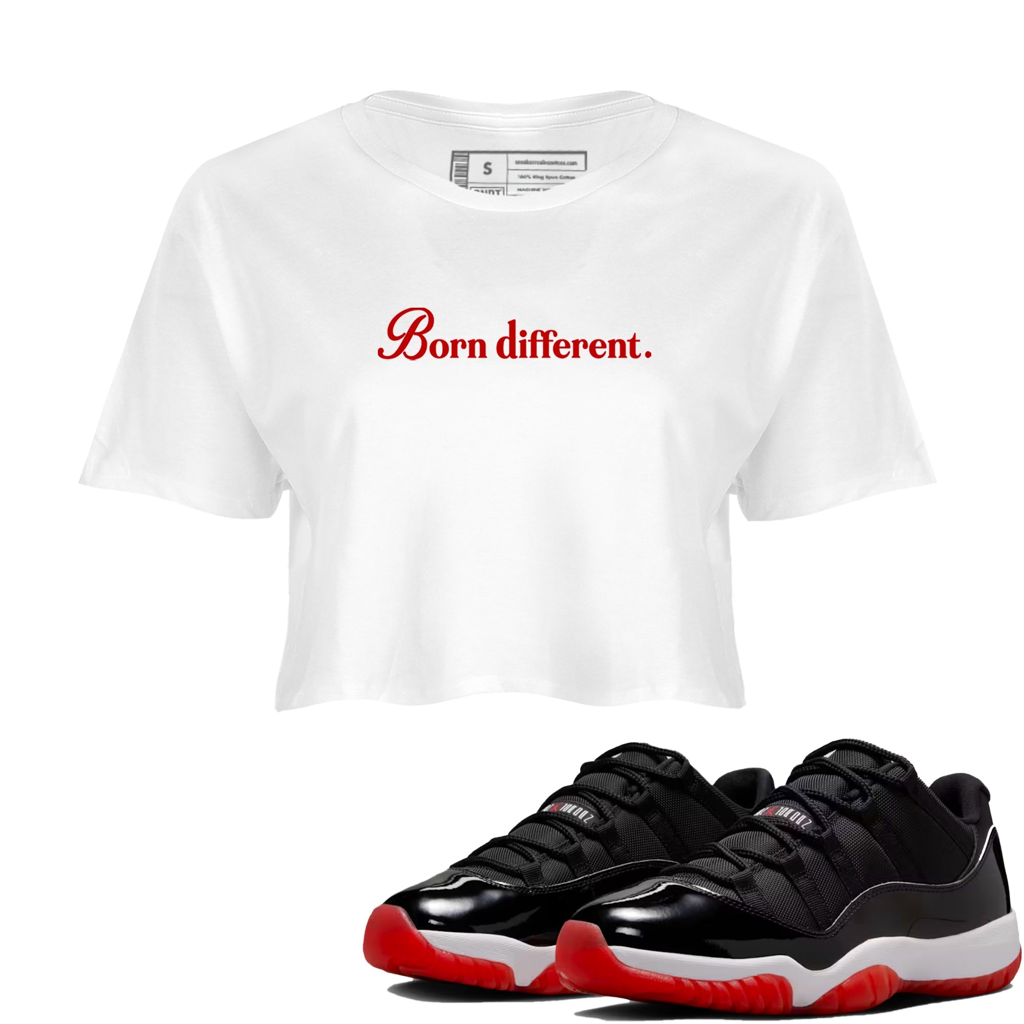 Jordan 11 Low Bred t-shirts to match jordans Born Different sneaker match tees Air Jordan 11 Bred graphic tee for sneakerheads SNRT Sneaker Tees unisex cotton White 1 crop tee