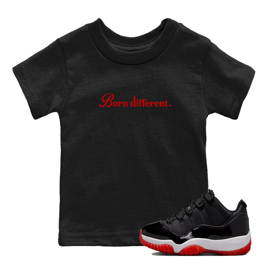 Jordan 11 Low Bred t-shirts to match jordans Born Different sneaker match tees Air Jordan 11 Bred graphic tee for sneakerheads SNRT Sneaker Tees Youth Baby Black 1 tee