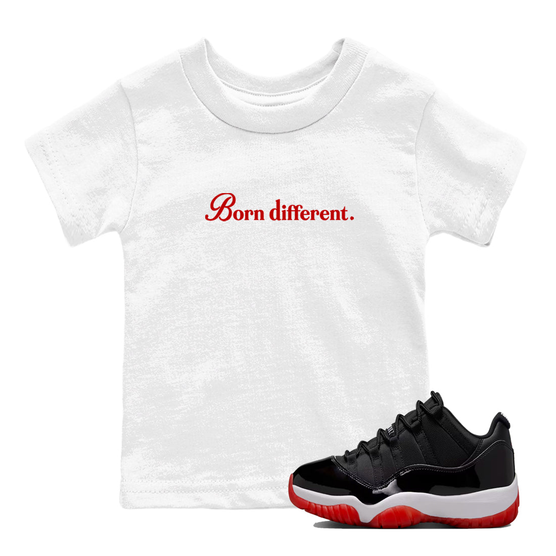 Jordan 11 Low Bred t-shirts to match jordans Born Different sneaker match tees Air Jordan 11 Bred graphic tee for sneakerheads SNRT Sneaker Tees Youth Baby White 1 tee