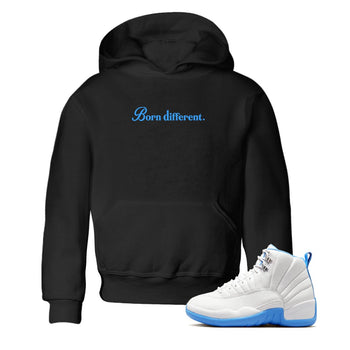 Born Different baby and kids t-shirt crafted for little sneakerheads to shine with the Air Jordan 12 White and University Blue sneakers, displayed in Black 1.