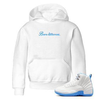 Born Different baby and kids t-shirt crafted for little sneakerheads to shine with the Air Jordan 12 White and University Blue sneakers, displayed in White 1.