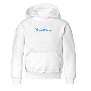 Born Different baby and kids t-shirt crafted for little sneakerheads to shine with the Air Jordan 12 White and University Blue sneakers, displayed in White 2.