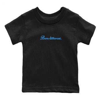 Born Different baby and kids t-shirt crafted for little sneakerheads to shine with the Air Jordan 12 White and University Blue sneakers, displayed in Black 2.