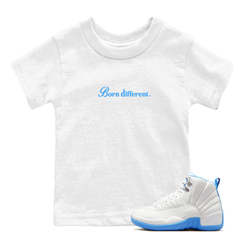 Born Different baby and kids t-shirt crafted for little sneakerheads to shine with the Air Jordan 12 White and University Blue sneakers, displayed in White 1.