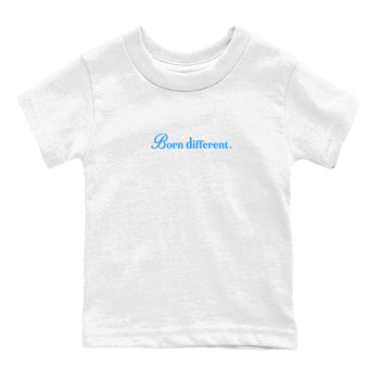 Born Different baby and kids t-shirt crafted for little sneakerheads to shine with the Air Jordan 12 White and University Blue sneakers, displayed in White 2.