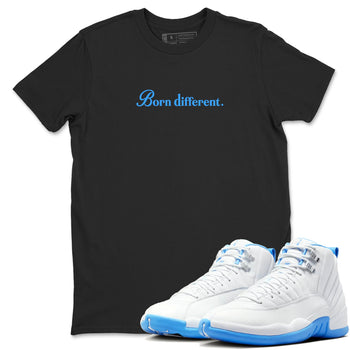 Born Different sneaker match t-shirt styled to complete your fit with the Air Jordan 12 White and University Blue sneakers, shown in Black 1.