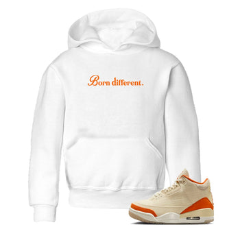 Born Different baby and kids t-shirt crafted for little sneakerheads to shine with the Air Jordan 3 Starfish sneakers, displayed in White 1.