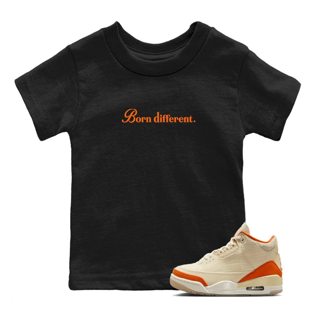 Born Different baby and kids t-shirt crafted for little sneakerheads to shine with the Air Jordan 3 Starfish sneakers, displayed in Black 1.