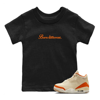 Born Different baby and kids t-shirt crafted for little sneakerheads to shine with the Air Jordan 3 Starfish sneakers, displayed in Black 1.