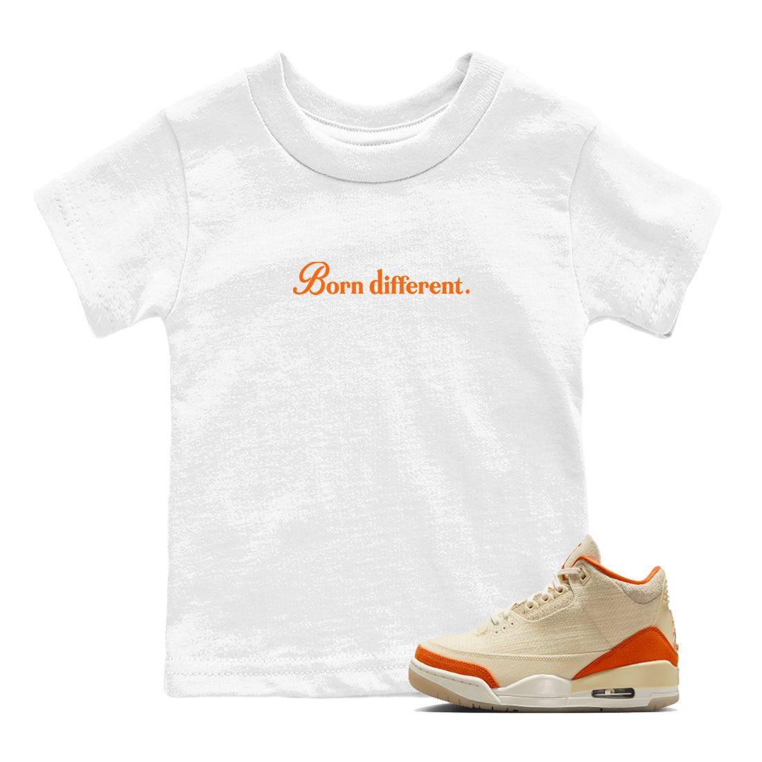Born Different baby and kids t-shirt crafted for little sneakerheads to shine with the Air Jordan 3 Starfish sneakers, displayed in White 1.