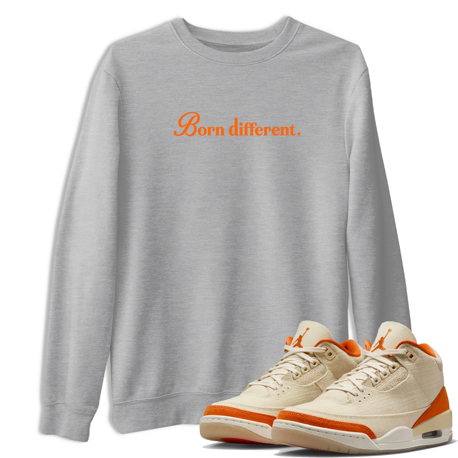 Born Different sneaker match t-shirt styled to complete your fit with the Air Jordan 3 Starfish sneakers, shown in Heather Grey 1.