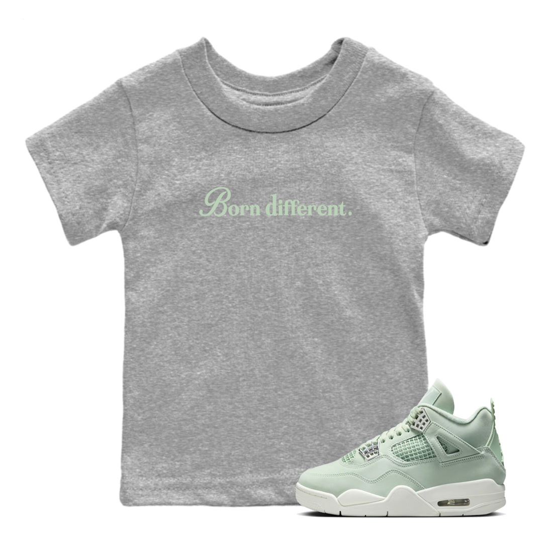 4s seafoam t-shirts to match jordans Born Different sneaker match tees Air Jordan 4 Abundance graphic tee for sneakerheads SNRT Sneaker Tees Youth Baby Heather Grey 1 tee