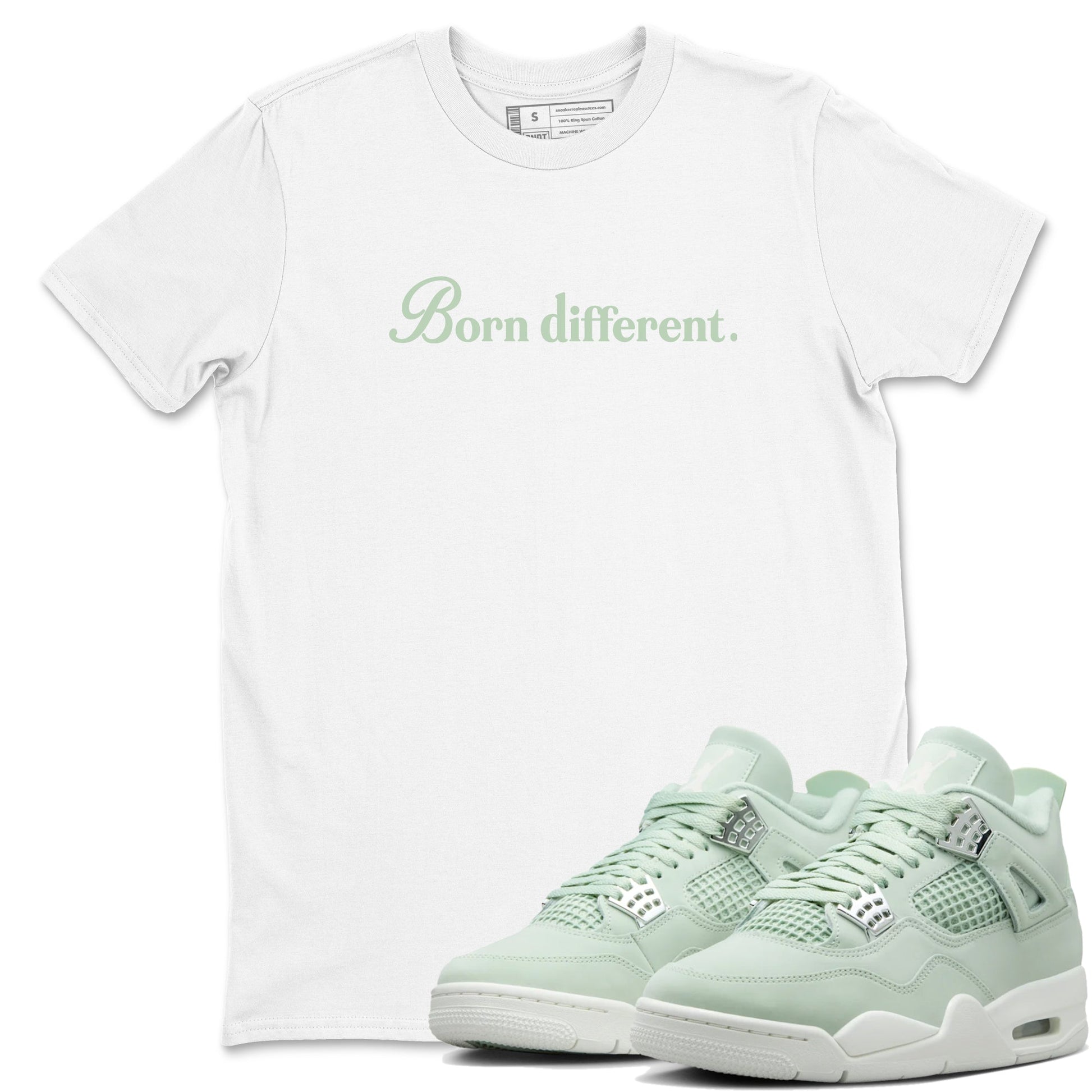 4s seafoam t-shirts to match jordans Born Different sneaker match tees Air Jordan 4 Abundance graphic tee for sneakerheads SNRT Sneaker Tees unisex cotton White 1 shirts