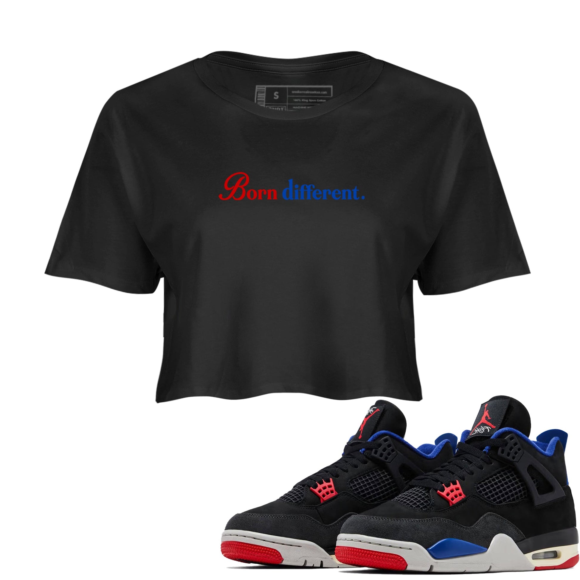 Sneaker match tees – Sneaker Tees To Match Jordan 4 Retro Rare Air Shoes – Born Different Crop T-Shirt Black 1