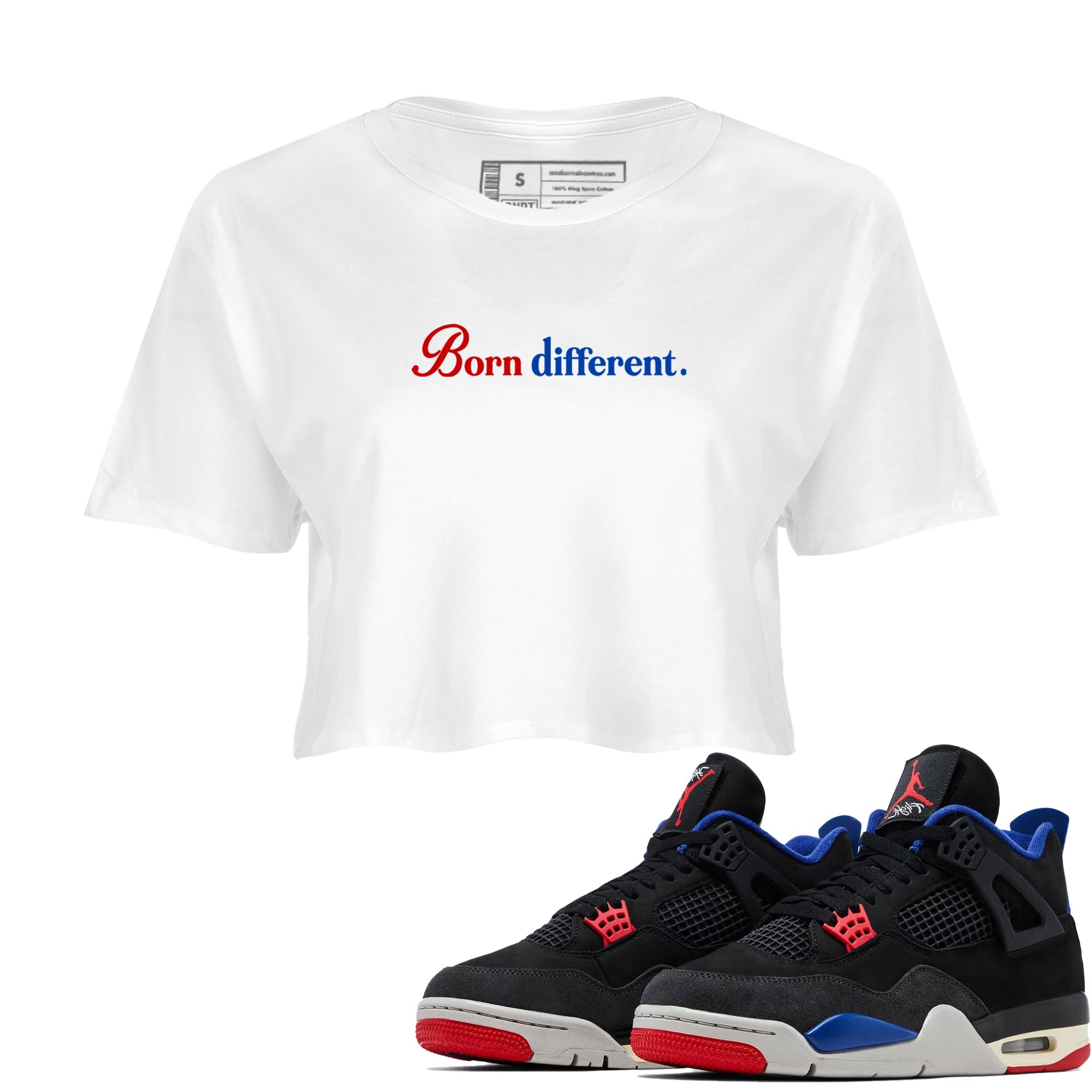 Sneaker match tees – Sneaker Tees To Match Jordan 4 Retro Rare Air Shoes – Born Different Crop T-Shirt White 1