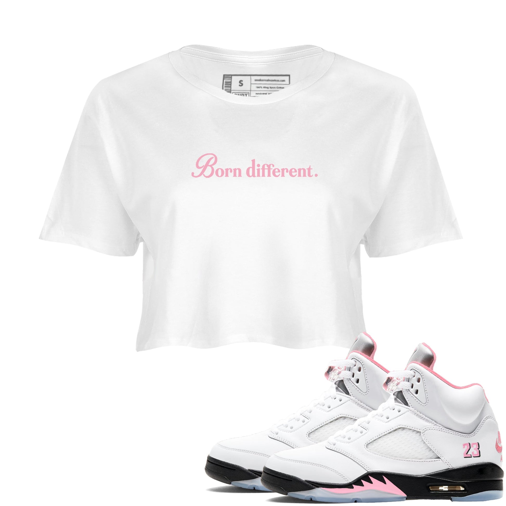 Sneaker Threads – Sneaker Threads To Match Air Jordan 5 35th Anniversary Shoes – Born Different Crop T-Shirt White 1