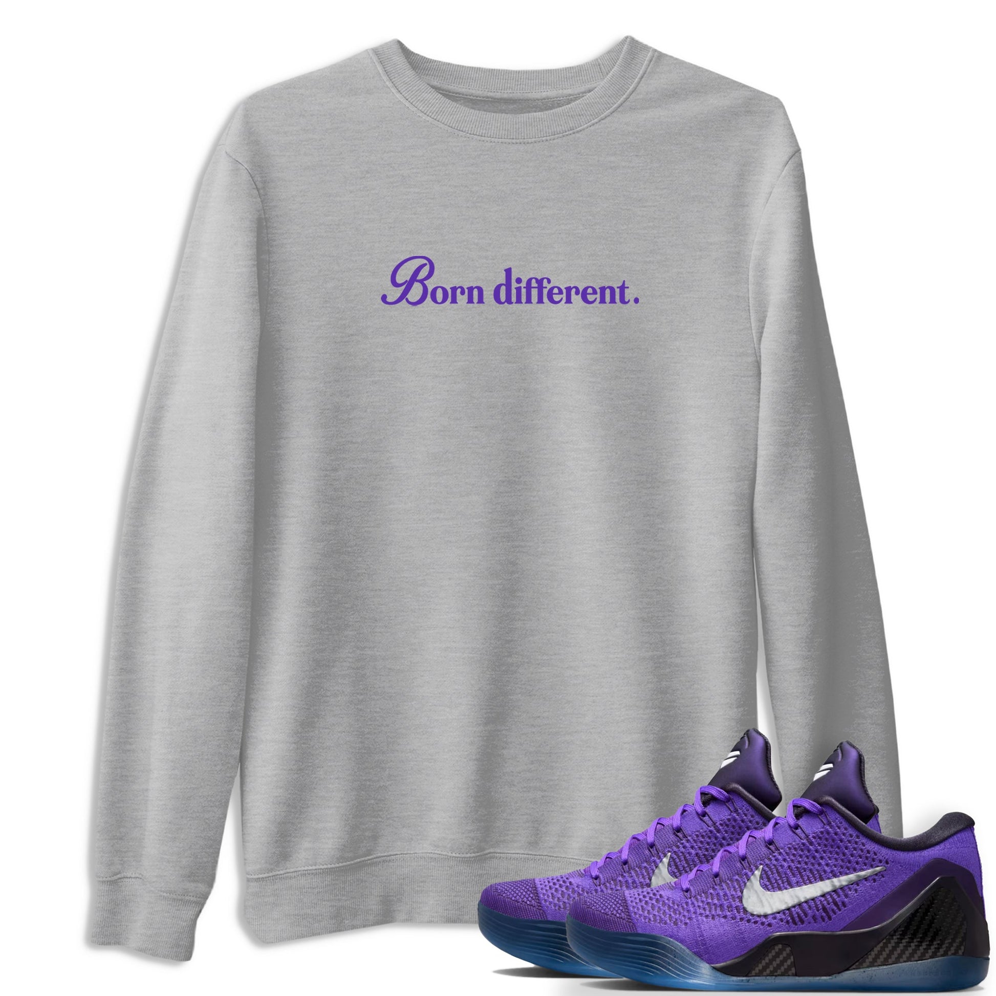 Sneaker Threads – Sneaker Tees To Match Nike KB 9 Hyper Grape – Born Different Graphic Tee Heather Grey 1. Perfect for Jordan releases 2025 colorways. Perfect for purple basketball sneaker releases and legacy-inspired colorways for 2025 hoopers.