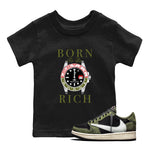 1s Travis Scott Medium Olive shirts to match jordans Born To Be Rich sneaker match tees Air Jordan 1 Travis Scott Medium Olive SNRT Sneaker Release Tees Youth Baby Black 1 crew neck shirts