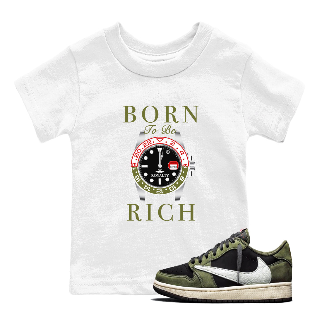 1s Travis Scott Medium Olive shirts to match jordans Born To Be Rich sneaker match tees Air Jordan 1 Travis Scott Medium Olive SNRT Sneaker Release Tees Youth Baby White 1 crew neck shirts