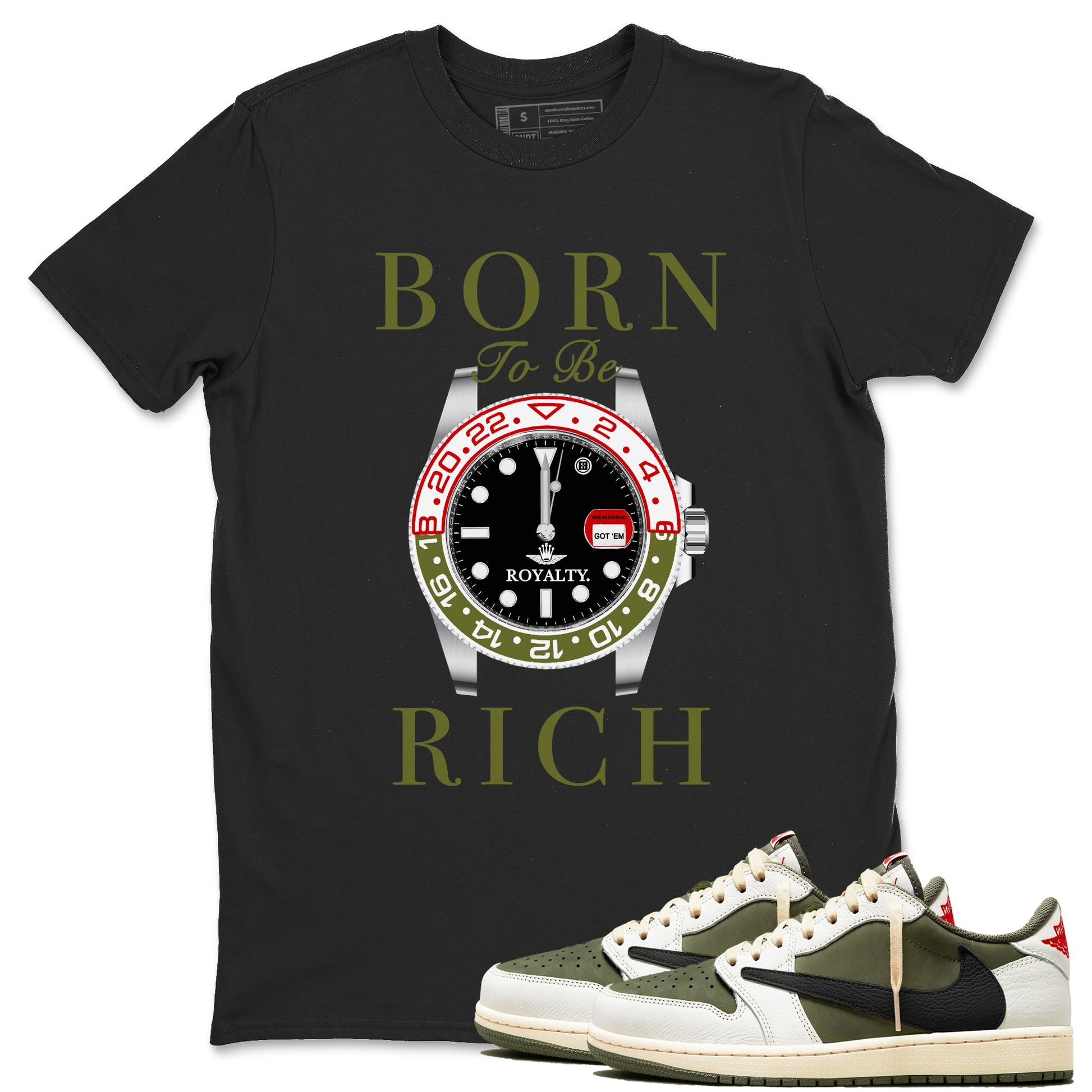 1s Travis Scott Medium Olive shirts to match jordans Born To Be Rich sneaker match tees Air Jordan 1 Travis Scott Medium Olive SNRT Sneaker Release Tees unisex cotton Black 1 crew neck shirts