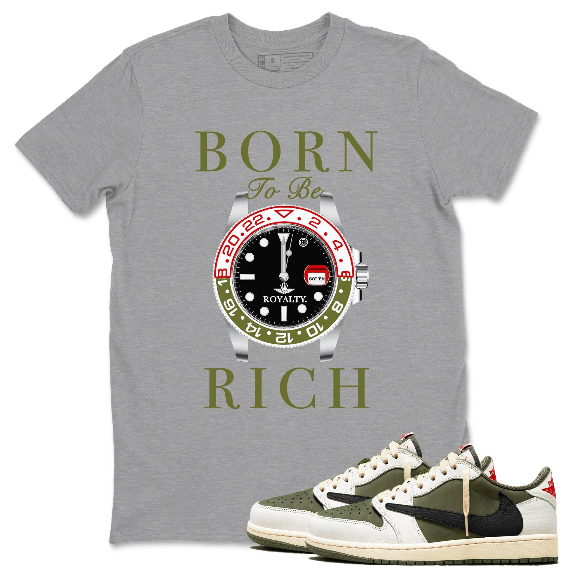 1s Travis Scott Medium Olive shirts to match jordans Born To Be Rich sneaker match tees Air Jordan 1 Travis Scott Medium Olive SNRT Sneaker Release Tees unisex cotton Heather Grey 1 crew neck shirts