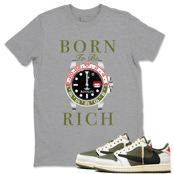 1s Travis Scott Medium Olive shirts to match jordans Born To Be Rich sneaker match tees Air Jordan 1 Travis Scott Medium Olive SNRT Sneaker Release Tees unisex cotton Heather Grey 1 crew neck shirts