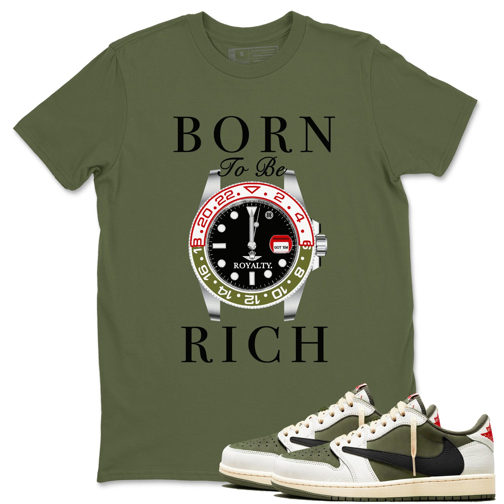 1s Travis Scott Medium Olive shirts to match jordans Born To Be Rich sneaker match tees Air Jordan 1 Travis Scott Medium Olive SNRT Sneaker Release Tees unisex cotton Military Green 1 crew neck shirts