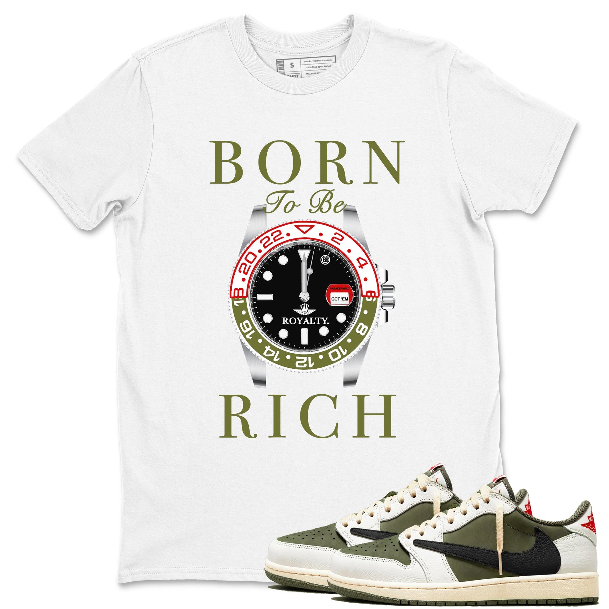 1s Travis Scott Medium Olive shirts to match jordans Born To Be Rich sneaker match tees Air Jordan 1 Travis Scott Medium Olive SNRT Sneaker Release Tees unisex cotton White 1 crew neck shirts