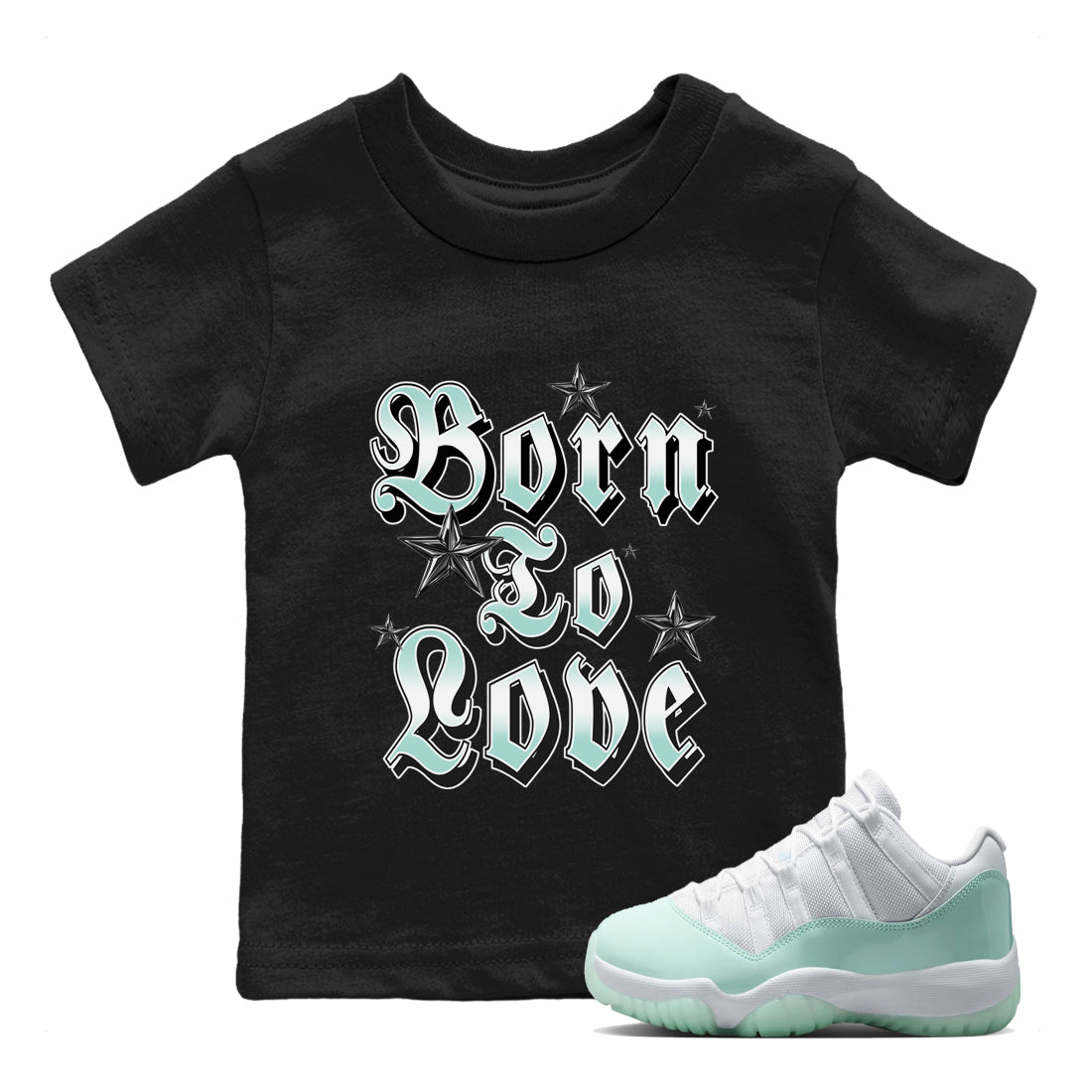 Born To Love baby and kids t-shirt crafted for little sneakerheads to shine with the Air Jordan 11 Igloo sneakers, displayed in Black 1.