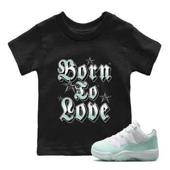 Born To Love baby and kids t-shirt crafted for little sneakerheads to shine with the Air Jordan 11 Igloo sneakers, displayed in Black 1.