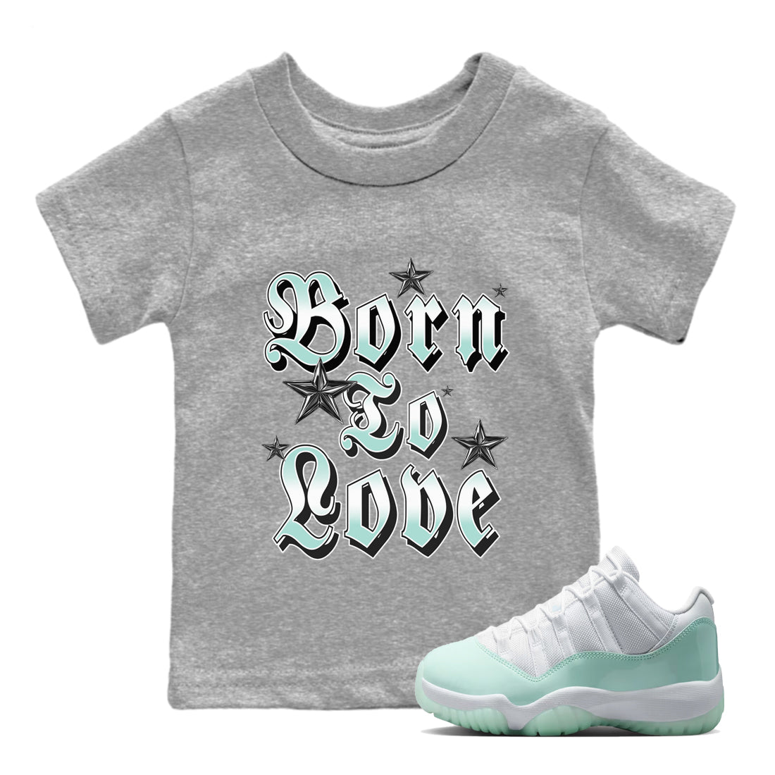 Born To Love baby and kids t-shirt crafted for little sneakerheads to shine with the Air Jordan 11 Igloo sneakers, displayed in Heather Grey 1.