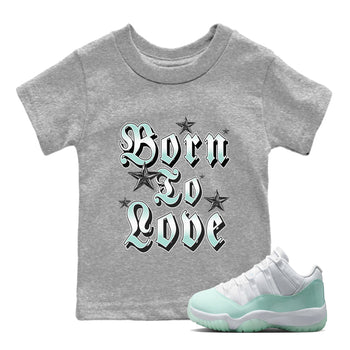 Born To Love baby and kids t-shirt crafted for little sneakerheads to shine with the Air Jordan 11 Igloo sneakers, displayed in Heather Grey 1.