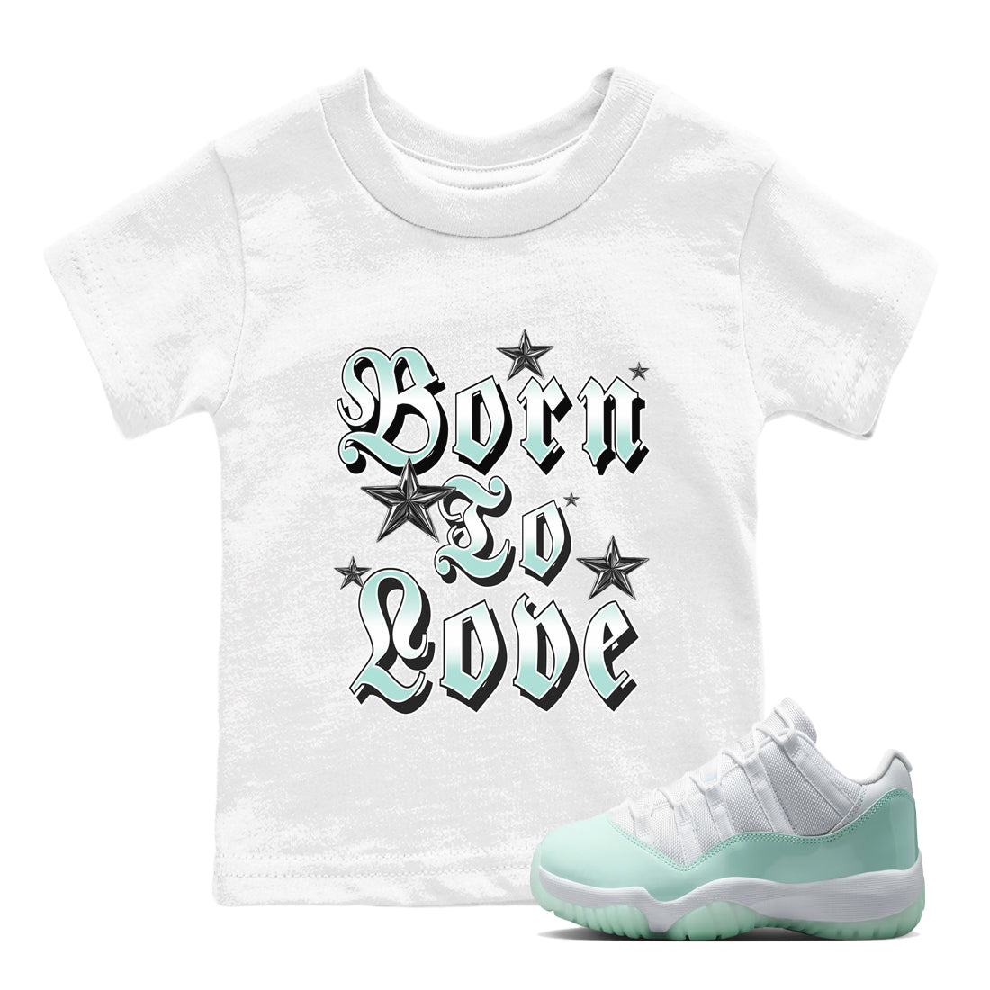 Born To Love baby and kids t-shirt crafted for little sneakerheads to shine with the Air Jordan 11 Igloo sneakers, displayed in White 1.